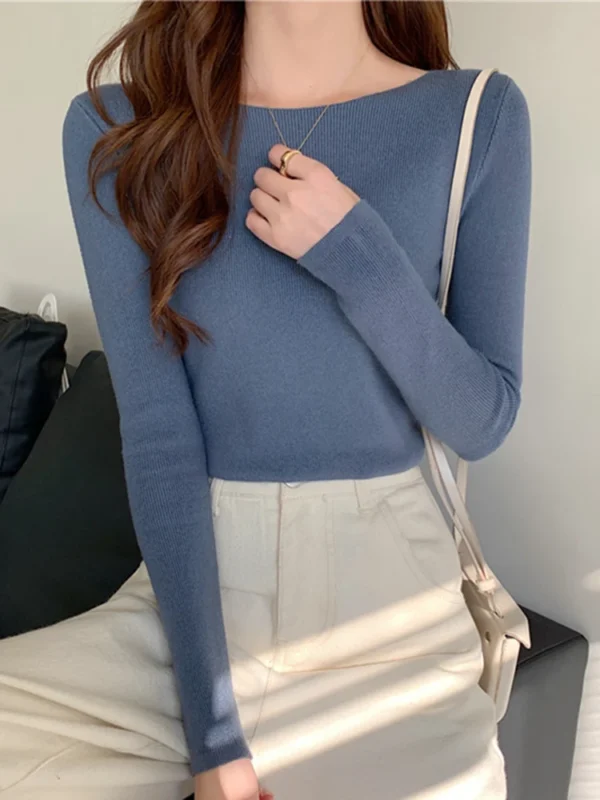Autumn Winter Women Sweaters Slash Neck Slim Knitted Pullovers chic Basic Solid Jumper Female Sweater Casual Jersey Tops - Image 2