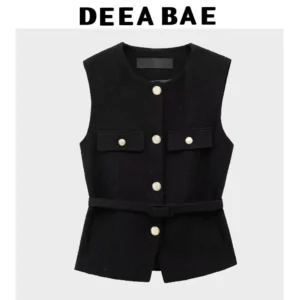 DEEABAE 2025 Spring & Summer Women's Fashion – Sleeveless Vest with Belt and Textured Waist, Hot Girl Style