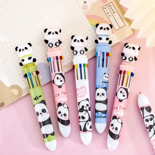 1 Piece Lytwtw's Cute Ballpoint Pen Press Cartoon Panda Multicolor 10 In 1 Colors Stationery School Office Supply Creative - Image 3