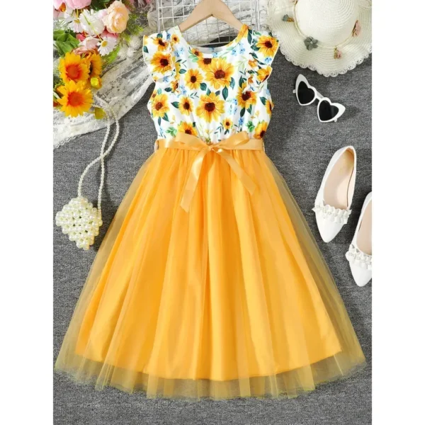 Child Girl Summer Clothing Floral Sleeveless Mesh Dresses Pastoral Fashion College Style Casual Costume for Kid Girl 8-12 Years - Image 3
