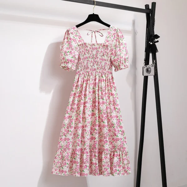 Summer Pleated Women Chiffon Dresses Casual Beach Holiday Short Sleeve Square Collar Woman Midi Dress Bohemian Mujer Vestidos - Image 4