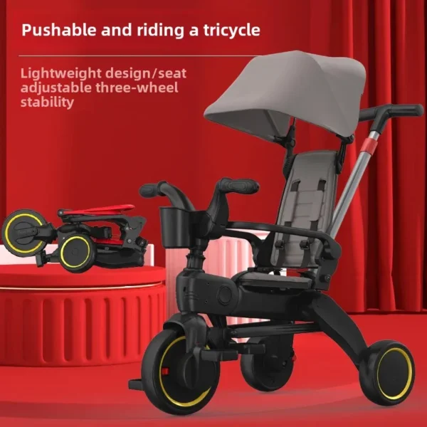 Foldable Three-Wheel Children's Bicycle with Sunshade Baby Pedal Car Stroller for 1-6 Years Old Kids Portable Outdoor Toy - Image 2