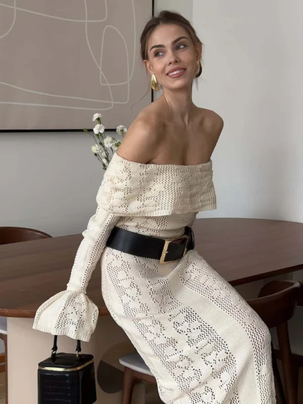 Elegant Crochet Knitted Maxi Dress Women Sexy Strapless Long Sleeve Slim Holidays Beach Dress Summer Hollow Out Chic Party Dress - Image 4