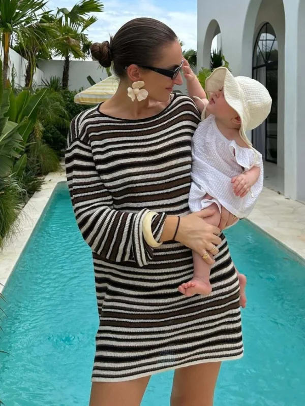 Summer Striped Knitted Sexy Mini Beach Dress for Women Sheer Hollow Out Backless Dress Lady Bohemia Holidays Party Dresses 2025 - Image 4