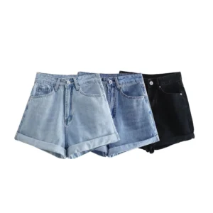PB&ZA 2025 Women's Light Blue High - Waisted Denim Shorts with Rolled - Cuffs and Pockets for a Casual and Stylish Look