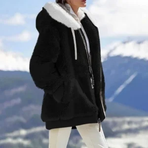 Zip-up Hooded Coat Cozy Hooded Plush Winter Coat for Women Windproof Zipper Closure Jacket with Side Pockets Stylish for Weather