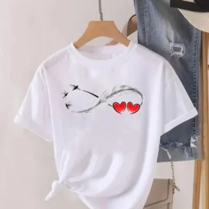 Love Heart Feather Trend Women Fashion Clothing Graphic T-shirts Clothes Print Female Shirt Short Sleeve Lady Casual Tee