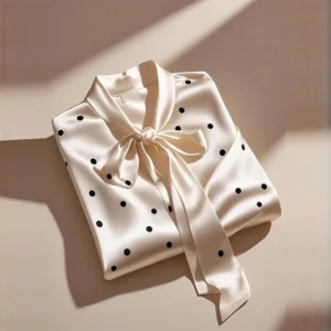 Women High Quality Satin Polka Dot Print Shirt Office Lady Business Casual Elegant Chic Blouse Lace-up Bow Long Sleeve Loose Top