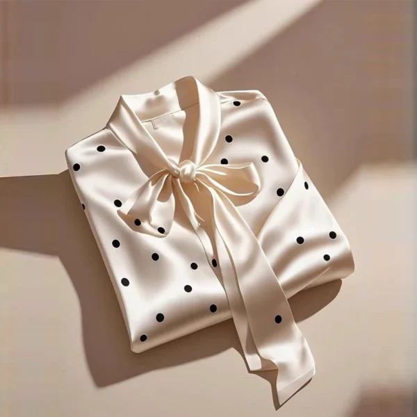 Women High Quality Satin Polka Dot Print Shirt Office Lady Business Casual Elegant Chic Blouse Lace-up Bow Long Sleeve Loose Top