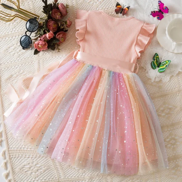 New Girls Dress for Sequins Birthday 1-5Y Toddler Girls Rainbow Tulle Dress Sweet Kids Princess Dress for Girls 2025 Summer Wear - Image 2