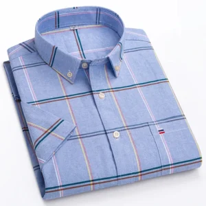 Men's high-quality Oxford cotton short sleeved shirt for summer comfort breathable classic solid color plaid business leisure