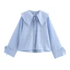 ZBZA Women's Bib Collar Gingham Shirt Lapel Long Sleeve Single Breasted Hidden Button Bow Tie Top Spring Summer New Chic Shirt