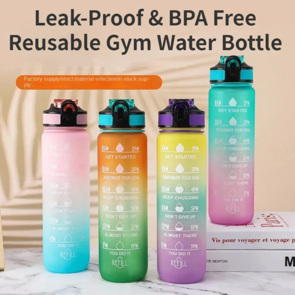 1L Water Bottle with Time Marker- Leak-Proof & BPA Free Reusable Gym Water Bottle for Fitness, Sports, Outdoor, Cycling, School - Image 2