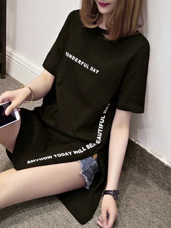 WONDERFUL DAY Print Long T shirts Summer Women Loose Slit Femme Tops Tshirt Short sleeve Ladies t-shirt - Image 4