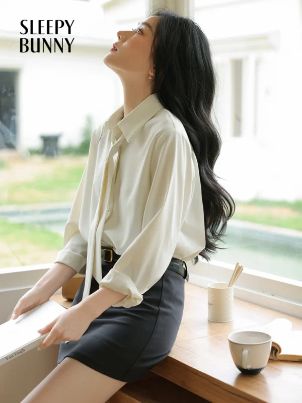 Women's French Style Long Sleeve Tie Blouse Spring Office Casual Elegant Loose Fit Button-Up Shirt for Work and Daily Wear - Image 2