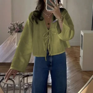 Elegant Long Sleeve V-Neck Solid Color Women's Shirt With Belt Cross-Border European And American Style For Commuting