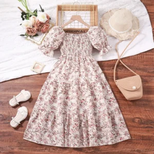 New Summer Kids Teenager Women Square Neck Puff Sleeve Printed Summer A-Line Shirred-Bodice Dress Korean Style Casual Clothing