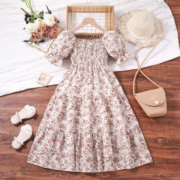 New Summer Kids Teenager Women Square Neck Puff Sleeve Printed Summer A-Line Shirred-Bodice Dress Korean Style Casual Clothing