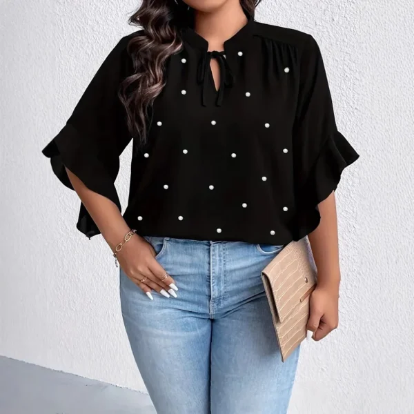 Large Size Shirt with Bow Tie Sleeve Edge And Artificial Pearl Button Women's Fashionable Casual Shirt from Mainland China - Image 3