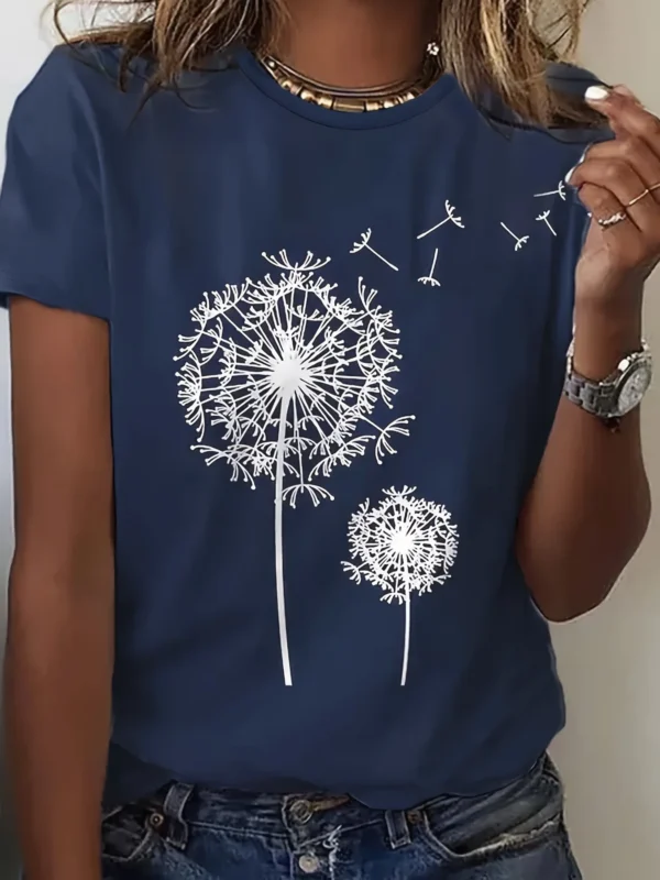 Dandelion Print Crew Neck T-Shirt, Casual Short Sleeve Top For Spring & Summer, Women's Clothing - Image 4