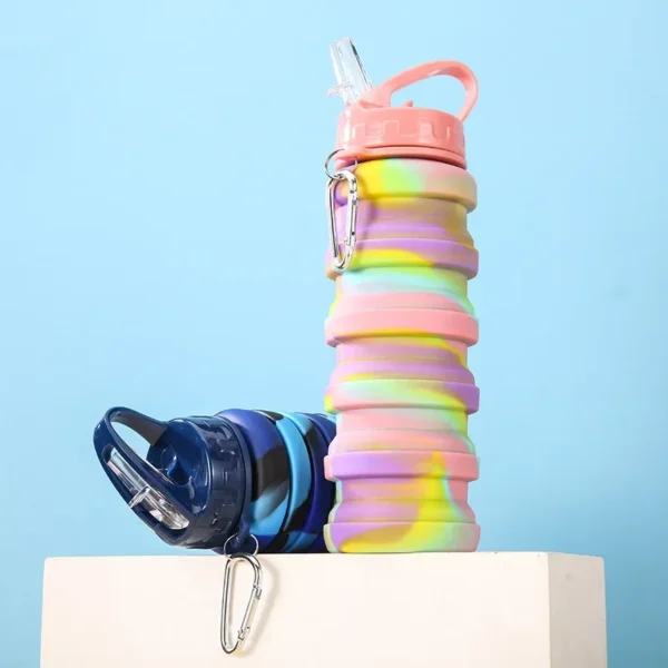 500ML Silicone Foldable Water Bottle For Sports, Reusable Leakproof Water Bottle With Carabiner - Image 5