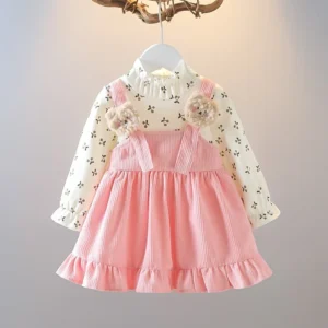 Fake Two Pieces Dress Corduroy Cartoon Bear Cherry Print Splicing Dresses Girls Princess Birthday Gift Kid Spring Autumn Clothes