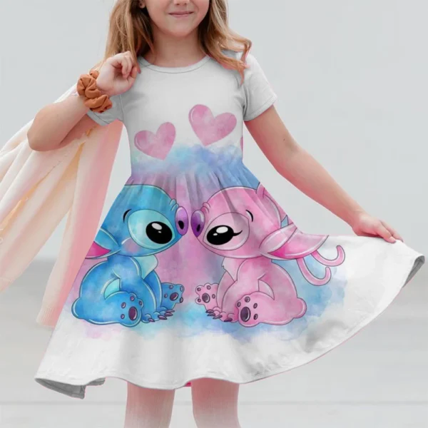 Summer New Children's Clothing 3d Printed Romantic Stitch Cute Girl Short-Sleeved Dress 3-14 Years Old Kids Performance Clothing - Image 2