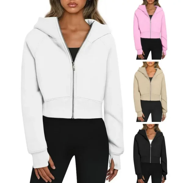 Women Fall Winter Coat Hooded Zip Up Soft Plush Loose Thick Cardigan Elastic Glove Cuff Sleeve Cropped Sweatshirt Hoodie Jacket - Image 4