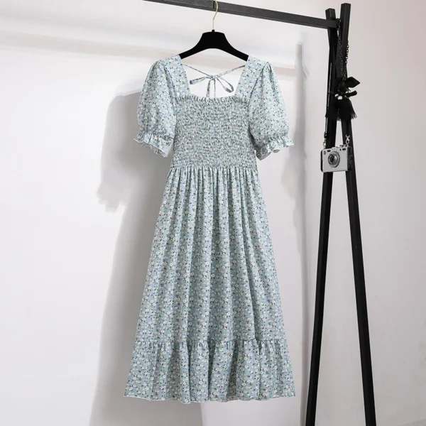 Summer Pleated Women Chiffon Dresses Casual Beach Holiday Short Sleeve Square Collar Woman Midi Dress Bohemian Mujer Vestidos - Image 2