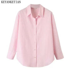 KEYANKETIAN Autumn New Neutral Style Oversize Lapel Long Sleeve Blouse Color Matching Women's Oxford Striped Shirt Basic Chemise