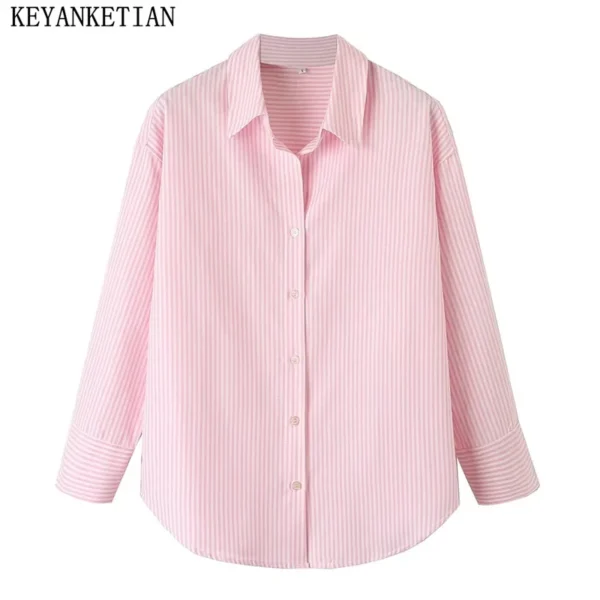 KEYANKETIAN Autumn New Neutral Style Oversize Lapel Long Sleeve Blouse Color Matching Women's Oxford Striped Shirt Basic Chemise