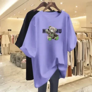 Summer Casual Loose Cartoon Print T-shirt Women Clothing Fashion Pure Cotton Basic Top Tee Lady Elegant Short Sleeve Pullovers