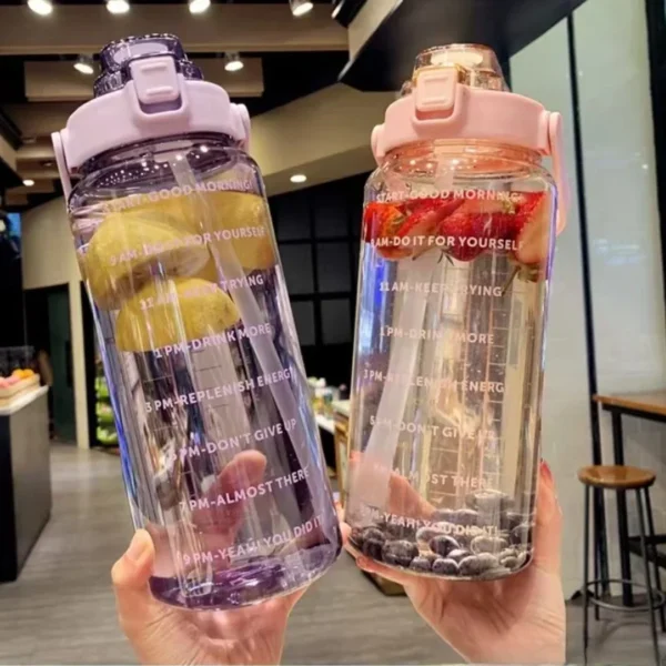 2 Liters High-capacity Water Bottle Reusable Outdoors Sports Drinking Bottle with Time Marker Portable Plastic Cups with Straw - Image 3