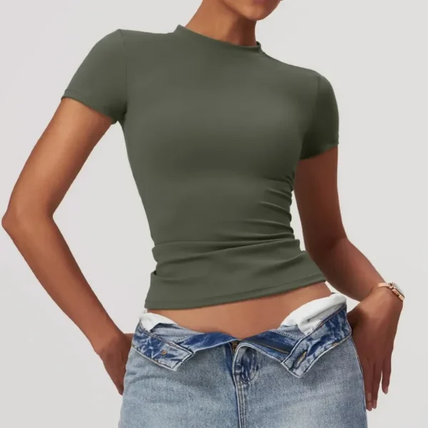 Women Running Sports T Shirt Summer Short Sleeve Round Neck Breathable Stretchy GYM Yoga Slim Fitness Active Top Tee - Image 3