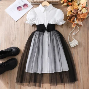 8-12Yrs Girl Dress Summer Black and White Short Sleeve Children Dresses Simple Fashion Teen Girl Clothes Party Big KIds Outfit