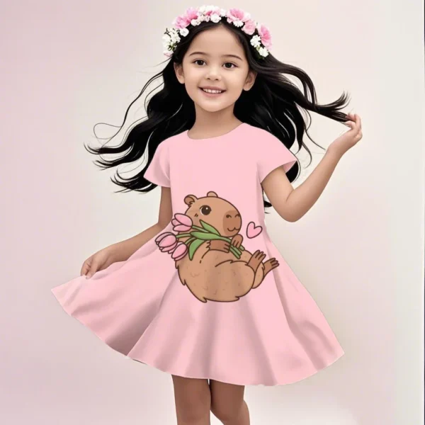 MINISO Summer Dress Fashion Cartoon Cute 3D Printing Dress Kid Short Sleeve Princess Clothing The Capybara Cartoon Is Cute - Image 2
