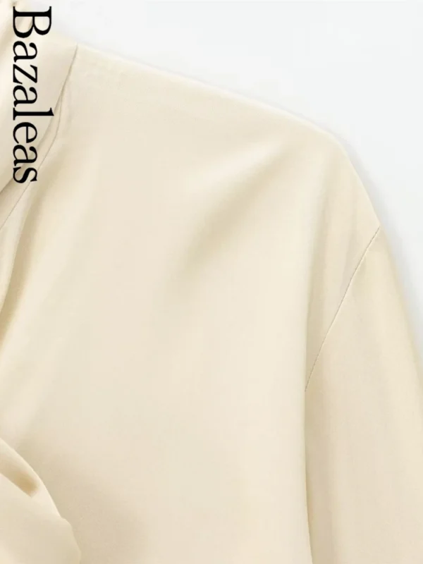 Bazaleas Traf Bandage Tie Blouse – Beige Women's Silk-Like Shirt, Elegant & Official Style - Image 3