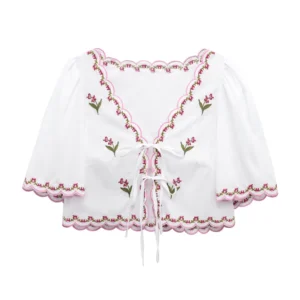 ZBZA Women's Floral Embroidered V-Neck Shirt – Short Sleeve, Front Tie, Loose Hem Top, Versatile Chic Cardigan for Spring & Summer