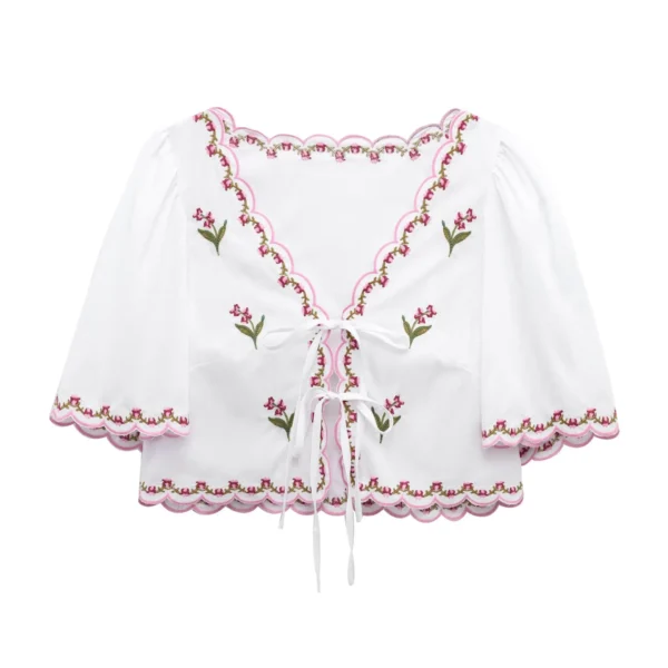 ZBZA Women's Floral Embroidered V-Neck Shirt – Short Sleeve, Front Tie, Loose Hem Top, Versatile Chic Cardigan for Spring & Summer