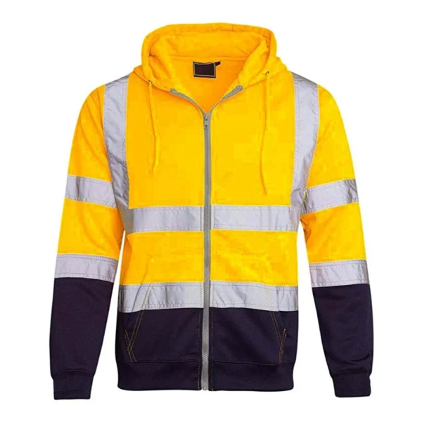 Mens High Visibility Jacket Long Sleeve Zipper Hooded Coat Hi-Vis Safety Reflective Sweatshirt - Image 5