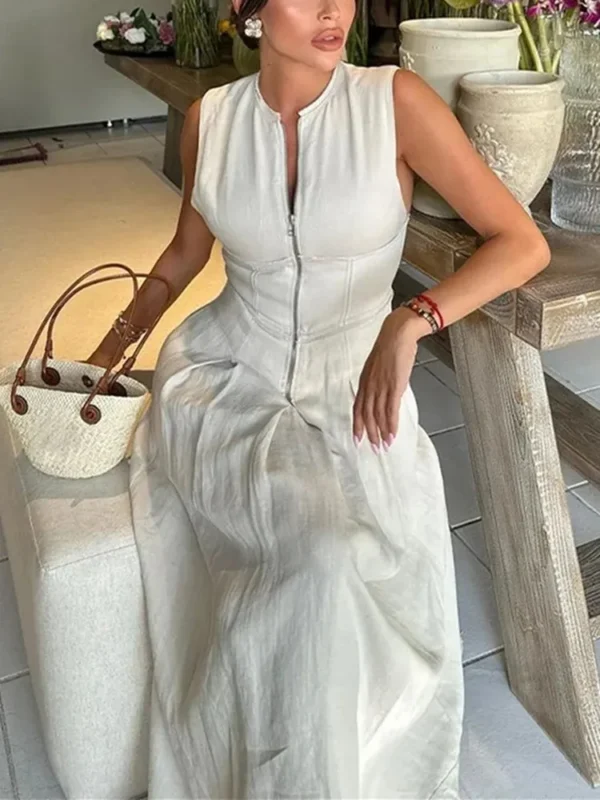 TRAF Zipper Long Dress Woman Pleated Sleeveless Bodycon Dress Summer Elegant Party Dresses For Women 2024 New Midi Dresses - Image 2