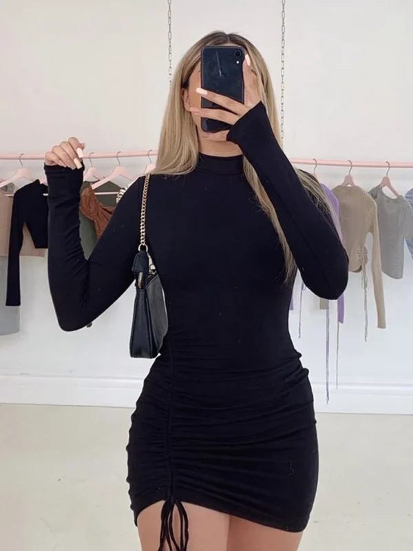 Long Sleeve Ruched Bodycon Dress Women Turtleneck Bandage Mini Dresses Autumn Black Skinny Stretchy Party Vestidos - Image 3