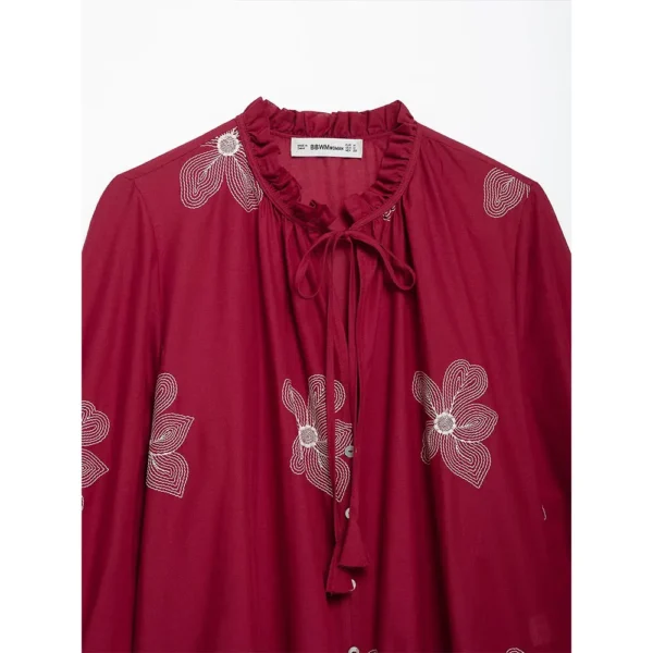 DUOPERI Women Fashion Embroidery Lace Up Blouse Vintage O-Neck Long Sleeves Female Chic Lady Shirts - Image 2