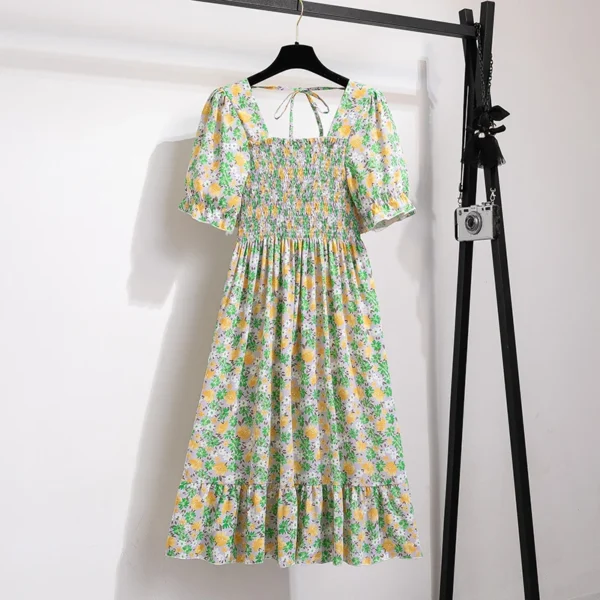 Summer Pleated Women Chiffon Dresses Casual Beach Holiday Short Sleeve Square Collar Woman Midi Dress Bohemian Mujer Vestidos - Image 3
