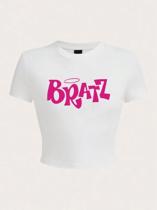 Personality Womens Crop T-Shirt Y2K Pink Bratz Letter Prints Short Sleeve High Elastic Soft O-Neck Tees Sexy Club Female Clothes - Image 4
