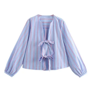 UNIZERA women's bow tie striped round neck long sleeved shirt for spring and summer new casual women's shirt top