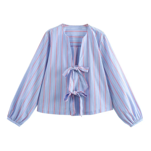 UNIZERA women's bow tie striped round neck long sleeved shirt for spring and summer new casual women's shirt top