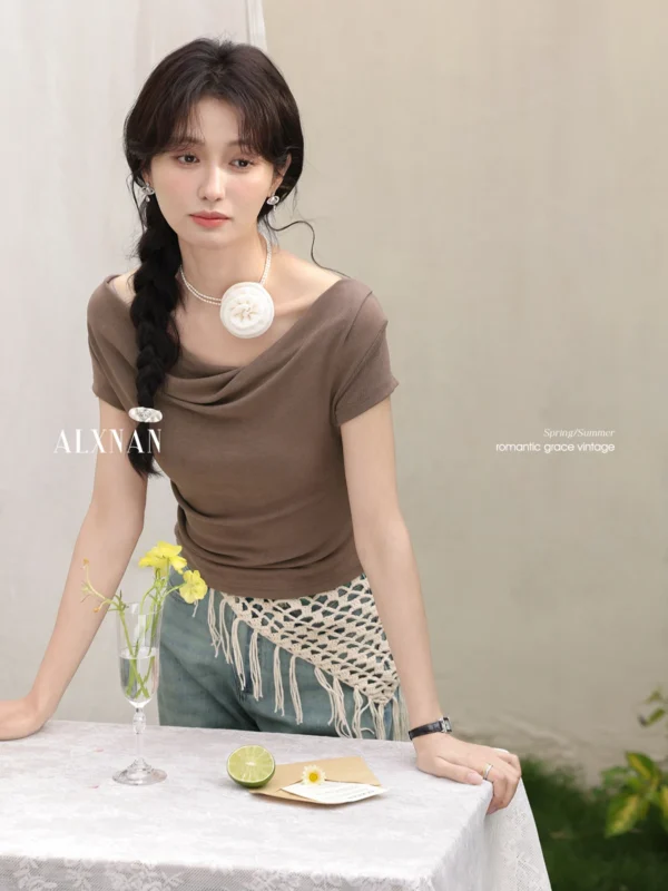ALXNAN Light Brown Women's T-shirt 2025 Summer Slim Fit Elegant Draped Neckline Tees Casual Office Korean Style Clothing L55050 - Image 4