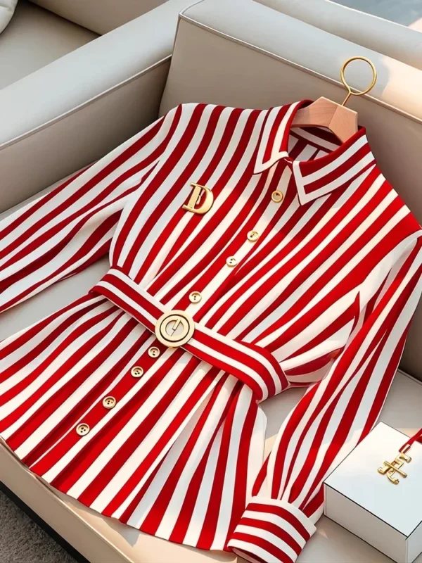 2025 Spring French High-end Red Stripe Blouse Polo Collar Brooch Top Autumn Women Small Fragrance Slim Belt Shirt Office Lady - Image 2
