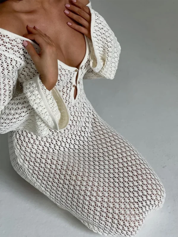 Sexy Women White Long Knit Sleeve Bikin Fashion Cover up Female See-Through Deep V-Neck Hollow-Out Beach Knitwear Backless Dress - Image 2